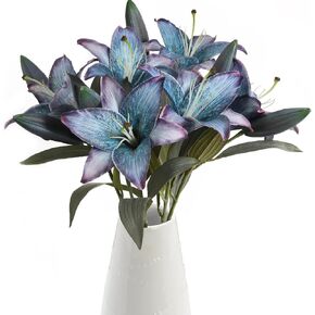 Blue Silk Flowers Artificial Lily Flowers 6PCS Vintage Blue Easter Lily Artificial Flowers Faux Blue Flowers Arrangements Wedding Bouquet Party Eater Home Table Decor (Blue)