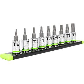 GRIPEDGE Tools | 9PC RPT Star Driver Set | Sizes T6 - T40 | 1/4'' Drive | Made With S2 Steel | Includes Premium Aluminum Socket Rail |