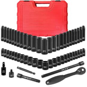 1/4" Drive Impact 56-Piece Socket Set, SAE (5/32 to 9/16") & Metric (4-15mm), 6 Points, CR-V, 1/4-Inch Drive Ratchet Handle, Drive Extension Bar & Impact Universal Joint with Case, Gift for Men