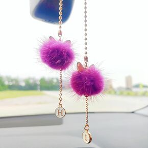 Cute Cat Pom Pom Accessory for Rearview Mirror, Little Fluffy Balls with Monogrammed “HI" Charms Car Accessories for Women, Car Hanging Ornament Rear View Mirror Accessories, Home/Car Decor
