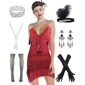 1920s Gatsby Sleeve Sequin Fringed Paisley 20s Costume Cocktail Flapper Dress w/ 20s Accessories Set in Saudi Arabia