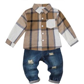 Toddler Baby Boy Clothes Infant Denim Outfits Flannel Plaid Button Shirt Pockets Ripped Jeans Pants 2 PCS Clothing