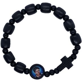 Carlo Acutis Stretch Rosary Bracelet, 9mm Black Wood Beads, Photo Bead & Cross