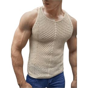 Floerns Men's Sleeveless Crew Neck Crochet Knit Sheer Tops Hollow Out Sweaters