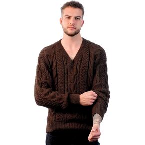 Irish Aran Sweater for Men - Hand Cable Knitted Crewneck Pullover in Alpaca Wool
