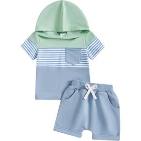 Toddler Baby Boy Hoodie Clothes Set Short Sleeve Hooded Top and Elastic Shorts Summer Outfit