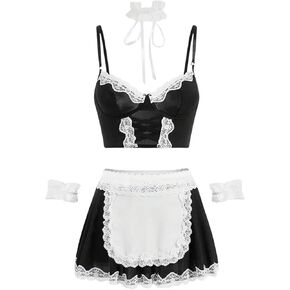 MakeMeChic Women's 6 Pieces Maid Cosplay Outfit Contrast Lace Underwired Bra and Mini Skirts Lingerie Set with Gloves