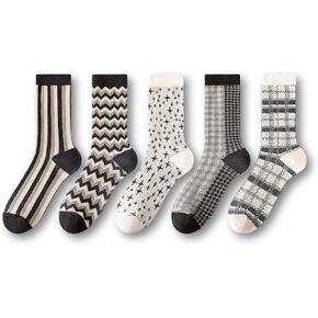 Women’s Fashion Crew Socks 5 Pairs, Warm Socks In Flowers Houndstooth Plaids Animal Prints Outfits