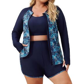 Hanna Nikole Women 3 Piece Rash Guard Long Sleeve Swimsuit Plus Size Modest Zipper UV Sun Protection Swim Shirt Shorts