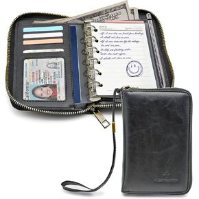 محفظة A7 Binder Cash Envelope System Wallet - مخطط الميزانية مع مغلفات نقدية، محفظة تحدي التوفير، دفتر ملاحظات بسحاب، حافظة مدمجة قابلة لإعادة الملء مكونة من 6 حلقات، محفظة مخططة RFID مع غطاء جلد PU