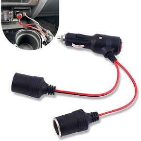 Pack-1 Car Cigarette Lighter Switch Extension Cable, 2-way Female Power Port Adapter, Y-shaped Cigarette Lighter Socket Splitter with Switch Indicator Light, Universal for Cars (Black & Red)