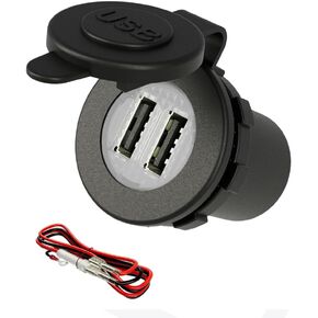 12V USB Charger Car Outlet DAMAVO YM1094 12V/24V Waterproof Dual 2 USB Ports Car Charger Power Socket Adapter Plug with Wire Fuse for Truck Boat Marine, Golf Cart, Automotive ATV Truck