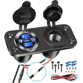 2 in 1 12V USB Outlet Panel: 56W Car Charger 240W Cigarette Lighter Socket Splitter for 12V/24V Car Marine RV Boat, Waterproof PD 3.0 & QC 3.0 USB Quick Charger with Power Switch Marine Plug Outlet