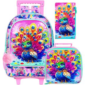 3Pcs Rolling Backpack for Girls, Panda Kids School Backpacks with Wheels, Roller Bookbag with Lunch Box for Elementary Preschool(Pink)