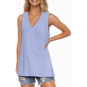 UEU Womens Tank Tops Summer Loose Fit Oversized V Neck Sleeveless Cotton Shirts Side Slit Long Tunic 2025 Trendy Outfits