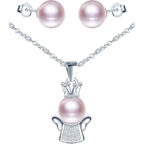 Yumilok Angel Jewelry Sets for Women-Pearl Necklace Earrings Sterling Silver Necklace Stud Earrings Pendant Necklaces for Teen Girls Friends Mom Birthday Mothers Day Gifts