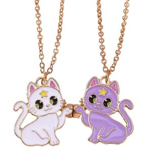 Best Friends Necklace for 2, Cartoon Cat Magnetic Pendant Matching Friendship Sister Necklace Birthday Gifts