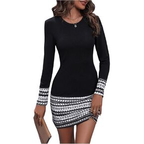 Women's Long Sleeve Printed Bodycon Dresses Crew Neck Pencil Tshirt Dress Casual Office Dress