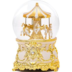 Luxury Carousel Snow Globe, Rotating Horses Musical, Colorful Glitter – Elegant White & Gold Design, Perfect for Gifts for Birthday, Christmas, Home Décor, Plays 'The Carousel Waltz' Tune