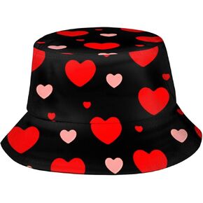 Red Valentine's Funny Cute Hearts Print Bucket Hat Summer Travel Beach Fisherman Hat Fashion Hearts Hat for Women and Men