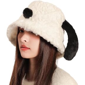 Women Faux Fur Bucket Hat Furry Fisherman Hat Winter Warm Dog Ear Hat Outdoor Thick Windproof Fuzzy Hat