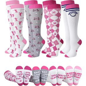 Chuarry 4 Pairs Women Golf Compression Socks Graduated Circulation 15-20 mmHg Funny Golf Cotton Knee High Socks Novelty Accessories Gifts for Women Golfers