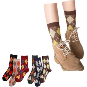 Argyle Socks Retro Big Diamond Lattice High Ankle Women Cotton 6 Pairs Double-Needle Double-Layer Crew Sock