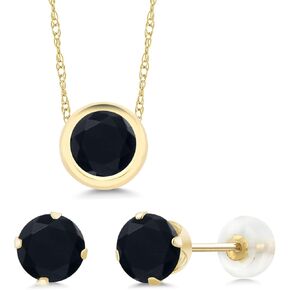 Gem Stone King 2.40 Cttw 6MM Round Black Onyx 14K Yellow Gold Pendant Earrings Set for Women | Gemstone Birthstone | With 18 Inch Chain