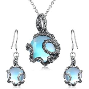 TYSO Octopus Necklace and Octopus Earrings 925 Sterling Silver Moonstone Octopus Tentacle Jewelry Ocean Sea Animal Gift for Women
