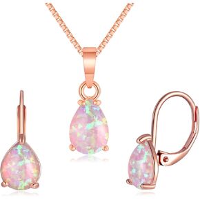 CiNily Opal Pendant Necklace and Teardrop Earrings Sets for Women 14K Rose Gold Dainty Simple Gold Chian Necklace Opal Jewelry for Sensitive Ears Mothers Gifts