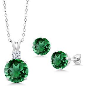Gem Stone King 925 Sterling Silver Green Nano Emerald and White Moissanite Pendant and Earrings Jewelry Set For Women (10.54 Cttw, Round 10MM, Gemstone May Birthstone, with 18 Inch Silver Chain)