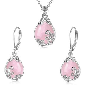 POPLYKE Rose Quartz Filigree Teardrop Necklace Earrings Set Sterling Silver Pink Jewelry for Women