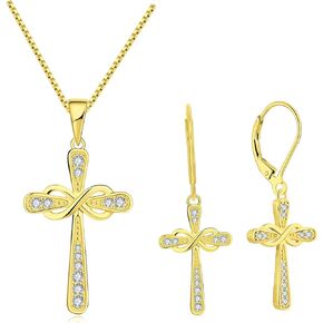 YL Cross Necklace 925 Sterling Silver Infinity Pendant Religious Jewelry with 18K Gold Plated Cross Earrings Christian Baptism Gift