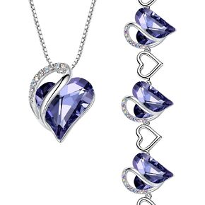 Leafael Infinity Love Heart Necklace and Bracelet for Women, Purple Birthstone Crystal Jewelry, Silver Tone Bundle Gifts for Women, Tanzanite Purple