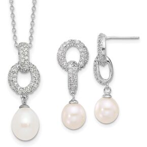 Sterling Silver 7-9mm Freshwater Pearl CZ Necklace Post Earrings Set 17