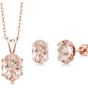 Gem Stone King 18K Rose Gold Plated Silver Oval Peach Morganite Pendant and Earrings Jewelry Set For Women (2.30 Cttw, with 18 Inch Chain)