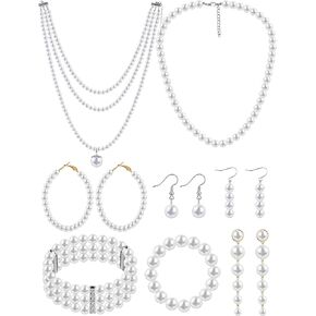 BBTO 8 Pcs Pearl Necklace and Earrings Set for Women Pearl Jewelry Set Faux Pearl Necklace Earrings Simulated Pearl Bracelets(Exquisite Style)