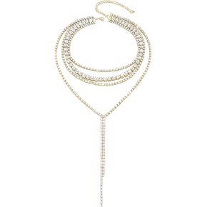 Layered Wedding Choker Rhinestone Necklace Sparkly Long Crystal Neck Chain for Women