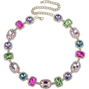 Bridal Wedding Multi-colored Gemstone Crystal Choker Necklace Heavy Chunky Color Necklace Geometric Gem Stone Rhinestone Statement Necklace