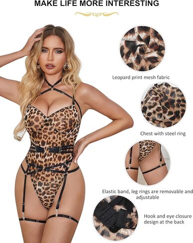 Ohyeahlady النساء ليوبارد تيدي حجم كبير الملابس الداخلية مثير ارتداءها مع حزام الرباط قابل للتعديل الدمى الملابس الداخلية XS-4XL in Kuwait