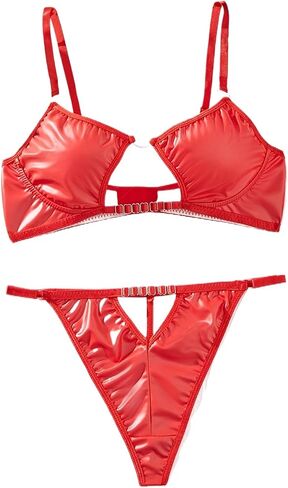 Sexy Pu Lingerie 2 Piece Set,Cut Out Ring Decor Intimates Bra & Thong (Red, Mediu) in Saudi Arabia
