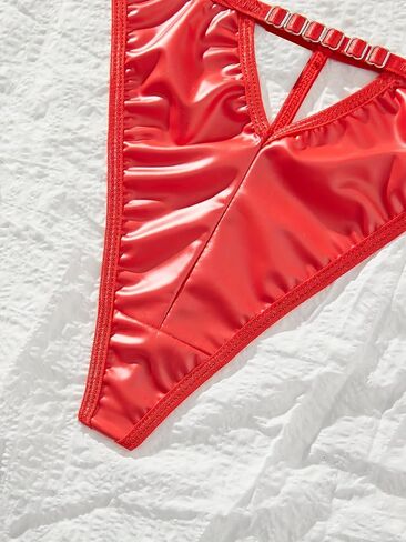 Sexy Pu Lingerie 2 Piece Set,Cut Out Ring Decor Intimates Bra & Thong (Red, Mediu) in Saudi Arabia