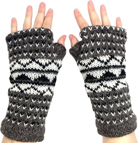Hand Knit Graphic Neutral Color Fingerless Gloves Wool Fleece Lined Texting Mittens Arm Warmers in Saudi Arabia