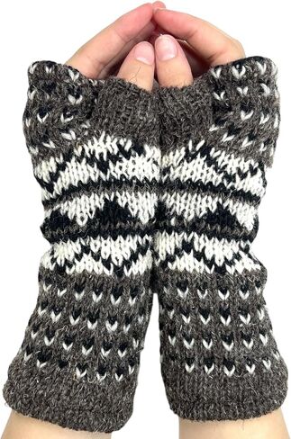 Hand Knit Graphic Neutral Color Fingerless Gloves Wool Fleece Lined Texting Mittens Arm Warmers in Saudi Arabia