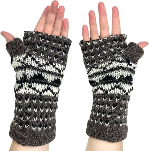 Hand Knit Graphic Neutral Color Fingerless Gloves Wool Fleece Lined Texting Mittens Arm Warmers in Saudi Arabia