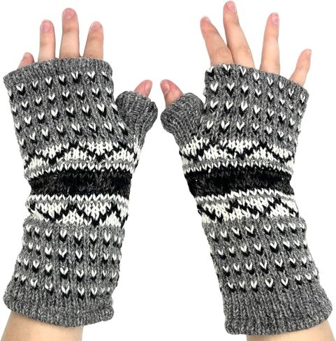 Hand Knit Graphic Neutral Color Fingerless Gloves Wool Fleece Lined Texting Mittens Arm Warmers in Saudi Arabia