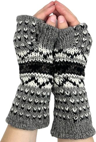 Hand Knit Graphic Neutral Color Fingerless Gloves Wool Fleece Lined Texting Mittens Arm Warmers in Saudi Arabia