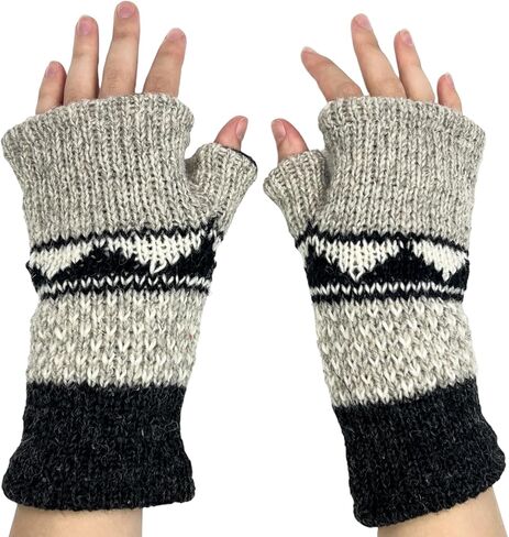 Hand Knit Graphic Neutral Color Fingerless Gloves Wool Fleece Lined Texting Mittens Arm Warmers in Saudi Arabia