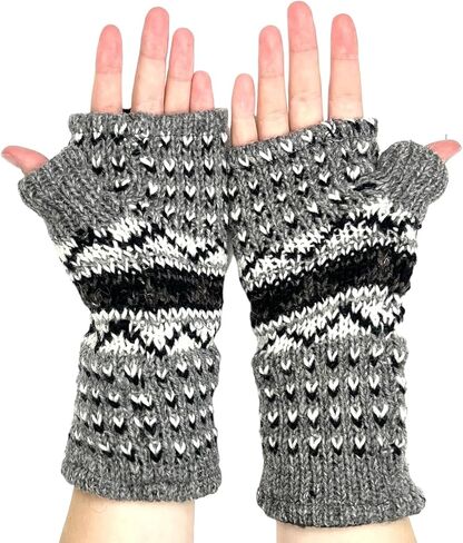 Hand Knit Graphic Neutral Color Fingerless Gloves Wool Fleece Lined Texting Mittens Arm Warmers in Saudi Arabia