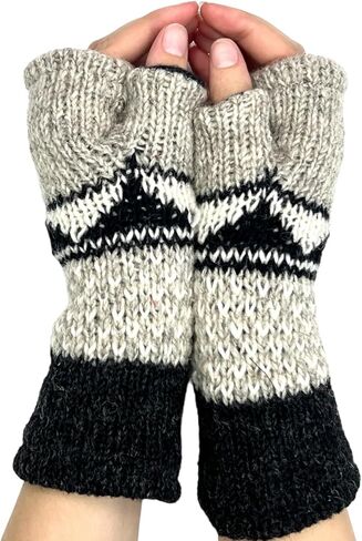 Hand Knit Graphic Neutral Color Fingerless Gloves Wool Fleece Lined Texting Mittens Arm Warmers in Saudi Arabia